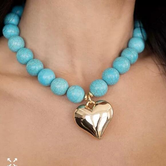 ETTIKA Chunky Beaded Turquoise 18k Gold Plated Heart Necklace New - Picture 12 of 13